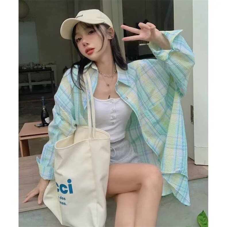 小清新薄荷绿polo领格子衬衫女2025春秋新款幂式穿搭长袖衬衣外套,男装衬衫,星座506A