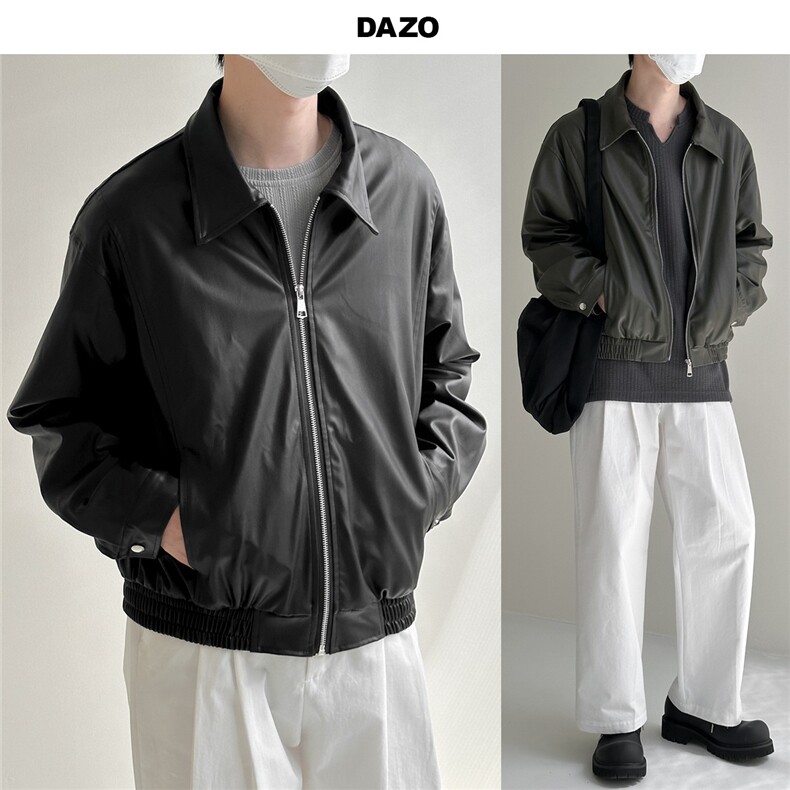 W639-P66 痞帅Pu皮衣小众设计感潮牌双拉链垫肩皮夹克男机车服图片