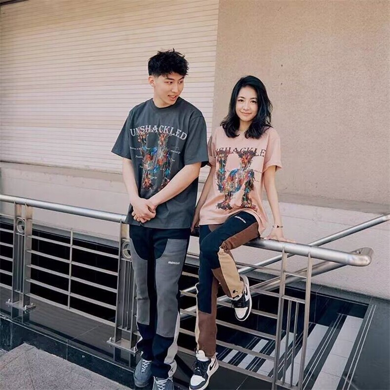 复古美式拼色工装牛仔裤男阿美咔叽做旧感机车休闲宽松直筒长裤子,男装牛仔裤,星座506A