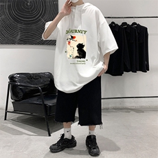 LD5433-P45连帽短袖t恤男大码胖子带帽五分袖中袖，男装T恤，电商A040