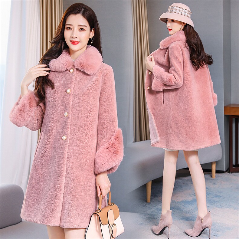 2020冬季新品时尚颗粒绒羊毛大衣中长款纯色简约气质百搭名媛范儿，女装羊羔毛/颗粒绒，天丝秀
