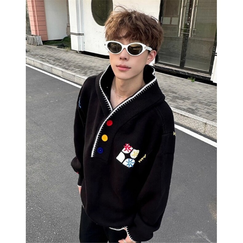 彩扣刺绣连帽针织衫男秋季潮牌高级感卫衣复古情侣外套MY9601,男装针织衫/毛衣,星座1116A（原606A-3）