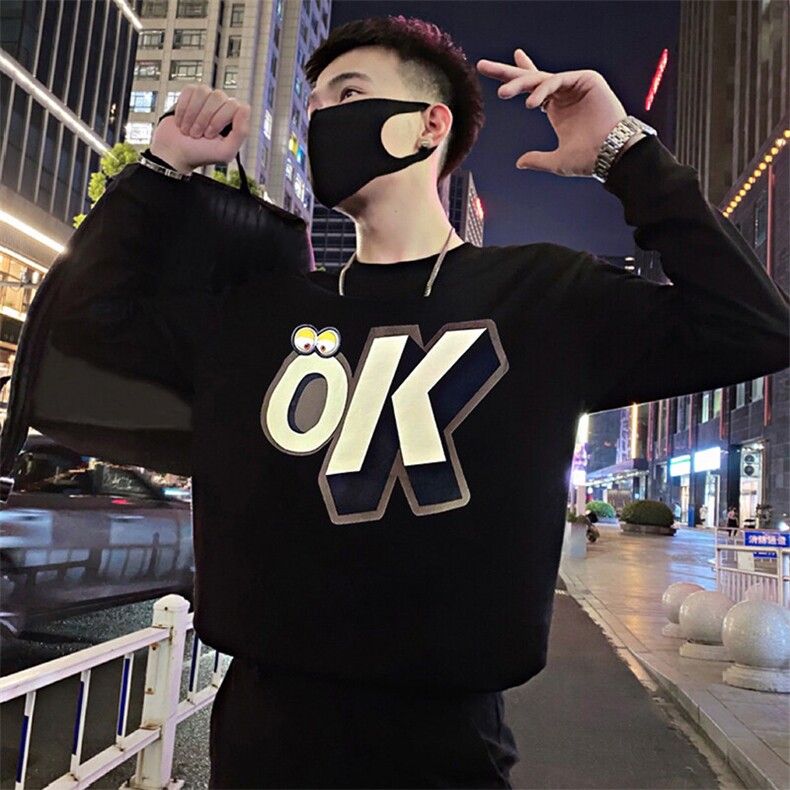 Y50/P58控78春季2025社会小伙元素OK字母设计长袖卫衣男黑首1,男装卫衣,星座305B