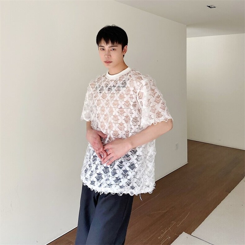 夏季男生新款圆领宽松小心机短袖镂空雕花T恤上衣潮A345-263-P60,男装T恤,电商A345
