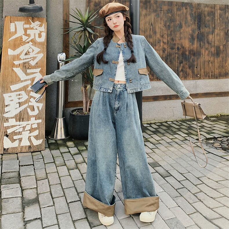 港风复古盘扣蓝色牛仔上衣阔腿裤套装女秋2025新款又a又飒两件套,女装套装/套裙,浙宝305