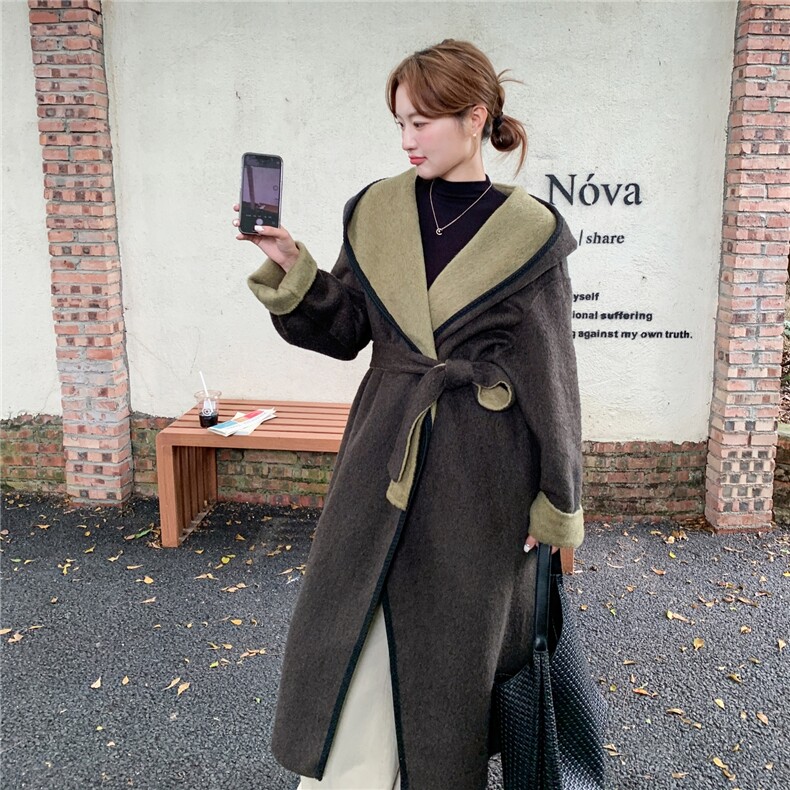 2B115-8621P245K328兜帽系带拼色双面羊毛呢大衣,女装羊绒大衣,2B115