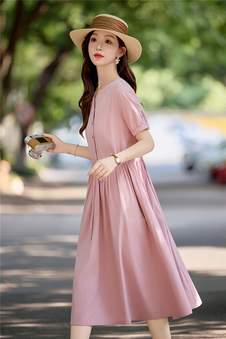 高档纯色气质棉麻连衣裙女2026夏季新款收腰显瘦舒适短袖薄款裙子,女装连衣裙,倪叶myz
