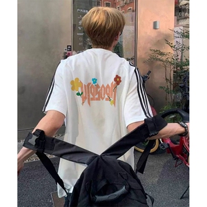 抖音得物高品质二开240克宽松纯棉美式潮牌三条杠织带短袖T恤图片