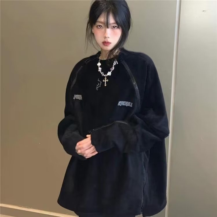 687#P35双拉链灯芯绒刺绣卫衣M--3XL黑棕网图,男装卫衣,星座506A