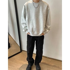 黑色纯棉长袖T恤男生美式复古小领口重磅无帽卫衣秋冬内搭打底衫，男装T恤，星座506A