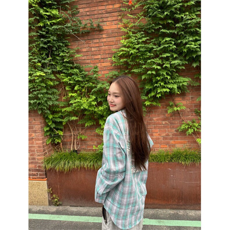 XZ-221-1/C70/P55美式高街设计感格纹珍珠衬衣男女百搭慵懒衬衫图片