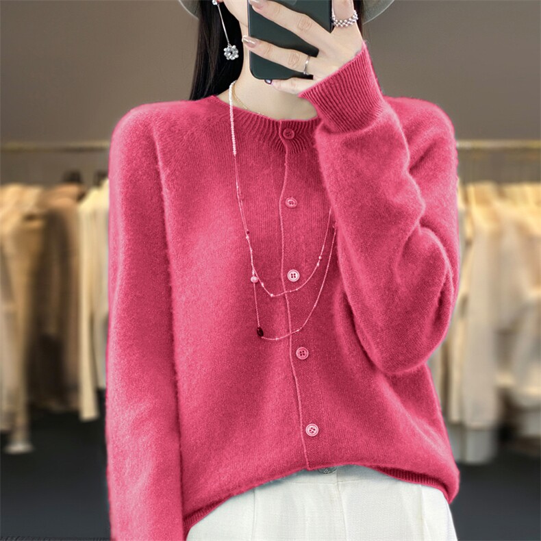 25新款100%纯羊毛开衫女POLO领针织羊绒衫外套宽松纯色长袖打底衫,女装羊毛衫,鲁菏羊绒