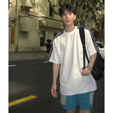 抖音得物品质二开240克宽松纯棉美式潮牌印花三条杠中性风短袖T恤，男装T恤，电商A486
