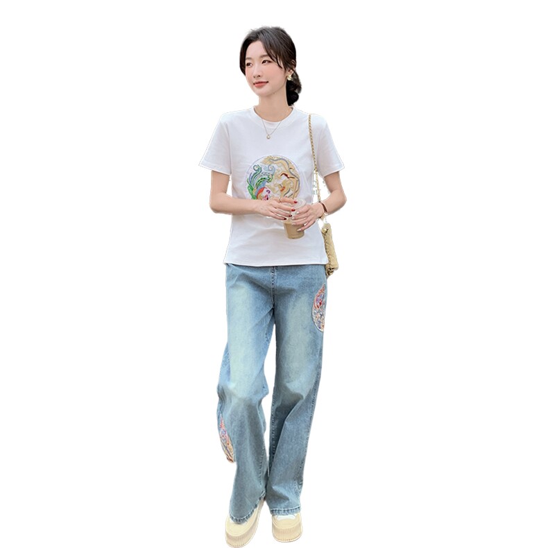 【现货】2025春夏新款新中式重工刺绣白T+风牛仔裤套装,女装套装/套裙,2D148