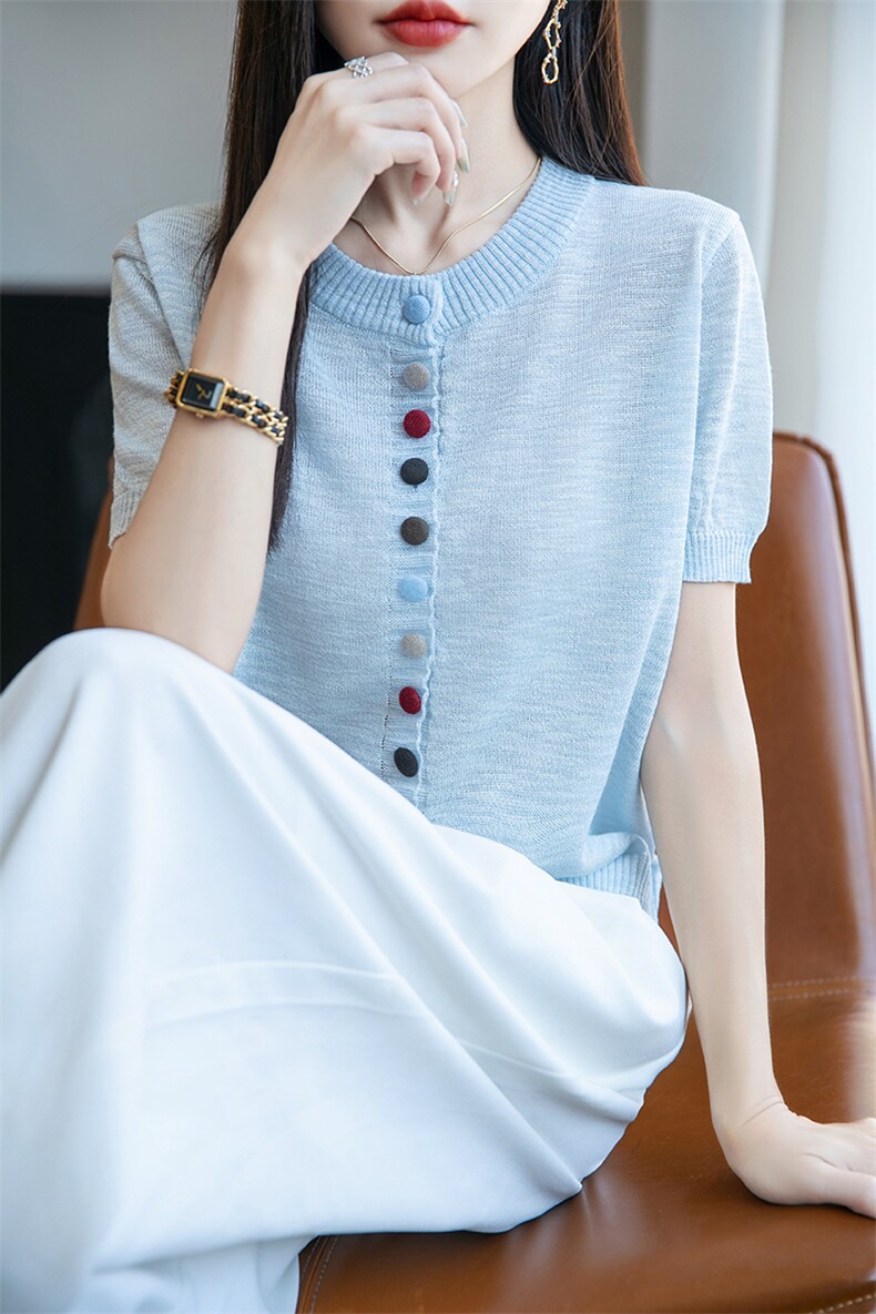 竹节麻彩色纽扣冰丝针织开衫女夏薄款宽松显瘦短袖T恤上衣小衫潮,女装T恤,菲奥羊绒