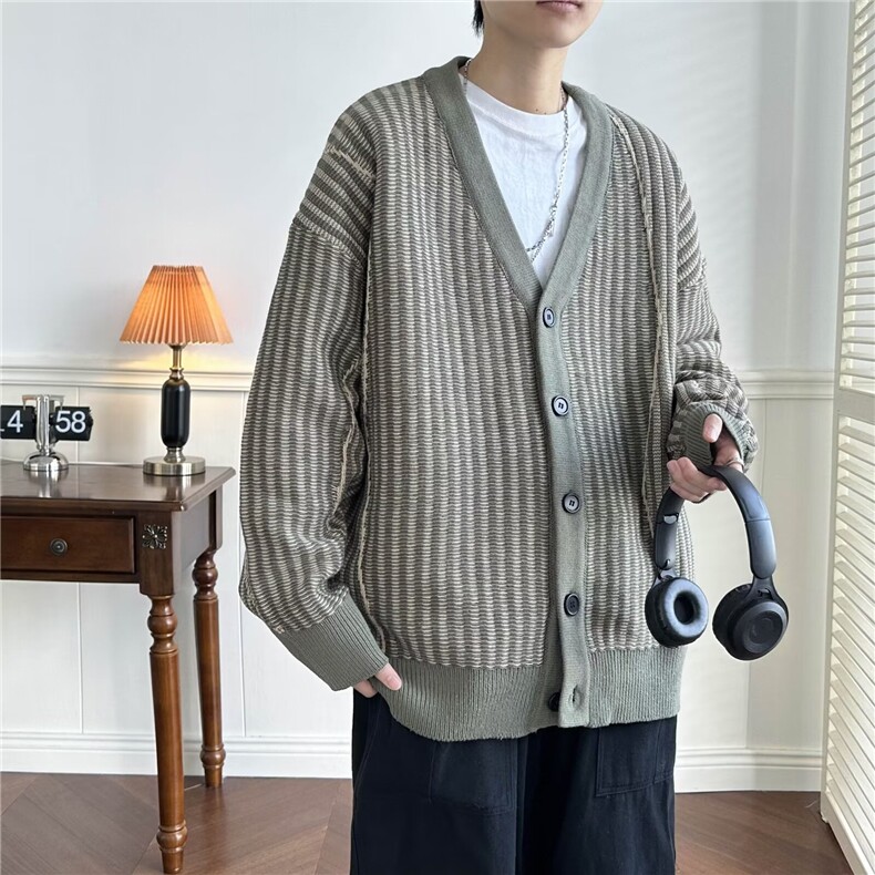 美式针织开衫男竖条纹韩版潮流宽松2024春冬ins毛衣外套MZ361-P56图片