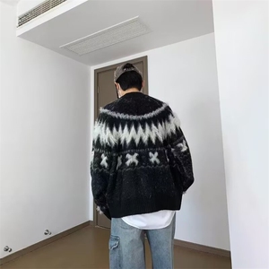 美式复古撞色慵懒风毛衣男款冬季宽松针织衫加厚保暖外套图片