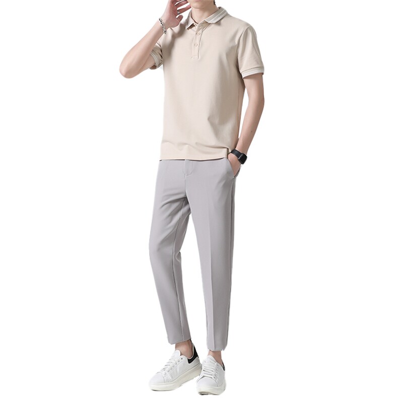 冰丝套装夏季九分休闲西裤男长裤修身韩版短袖POLO衫两件套潮,男装衬衫,星座505-2（原电商A260-1)
