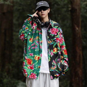 PC203秋装休闲东北大花拼接长袖衬衫外套男女宽松寸衣汉服演出服图片