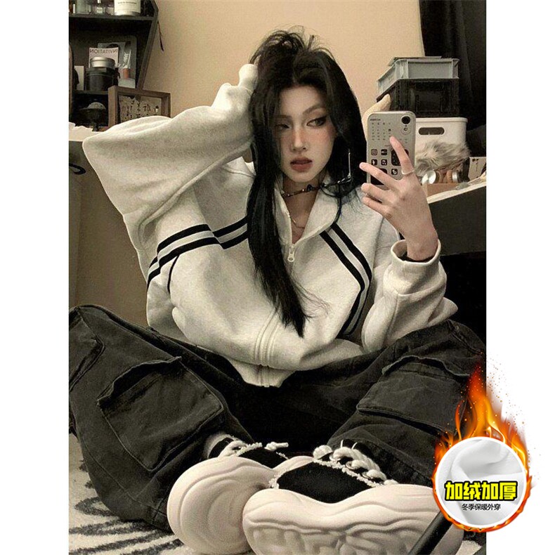 480G重磅加绒硬挺boxy男女秋冬美式高街织带撞色立领卫衣开衫外套，女装短外套，电商A486