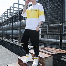 2023夏季男士新款运动休闲短袖体恤套装宽松T恤上衣男装F12P68，男装休闲套装，电商A086