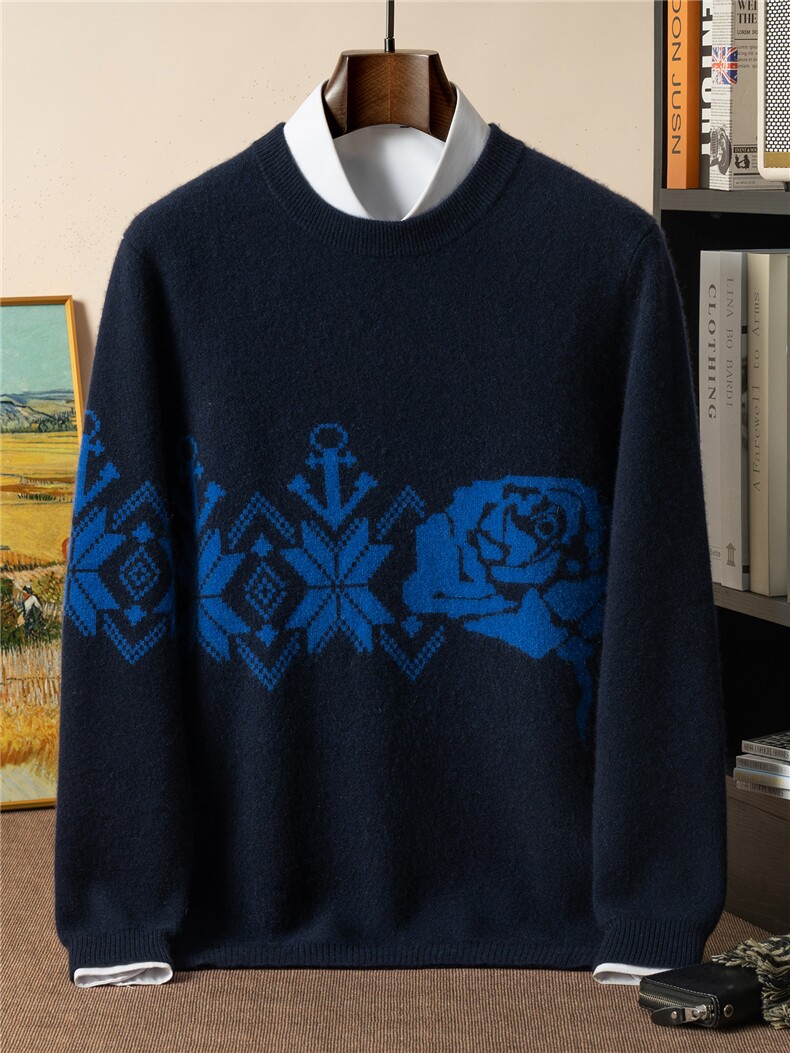 克莱因蓝提花男士山羊绒衫重磅加厚圆领毛衣男秋冬季时尚潮打底衫,男装羊绒套衫,星纬羊绒