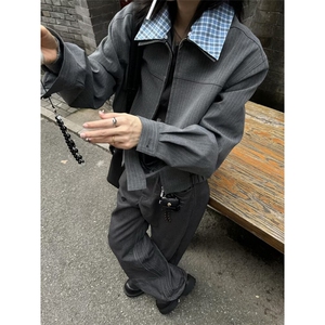 黑色拼接花垫肩外套男潮月光白夹克cleanfit巴洛克西服 JWK9234图片
