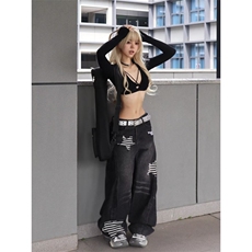 重磅设计感小众迷彩拼接毛边牛仔裤男女宽松显瘦直筒破洞阔腿长裤，男装牛仔裤，星座506A