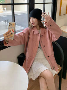 甜酷风粉色短款麂皮绒外套女春秋独特漂亮超好看高级小众夹克上衣图片