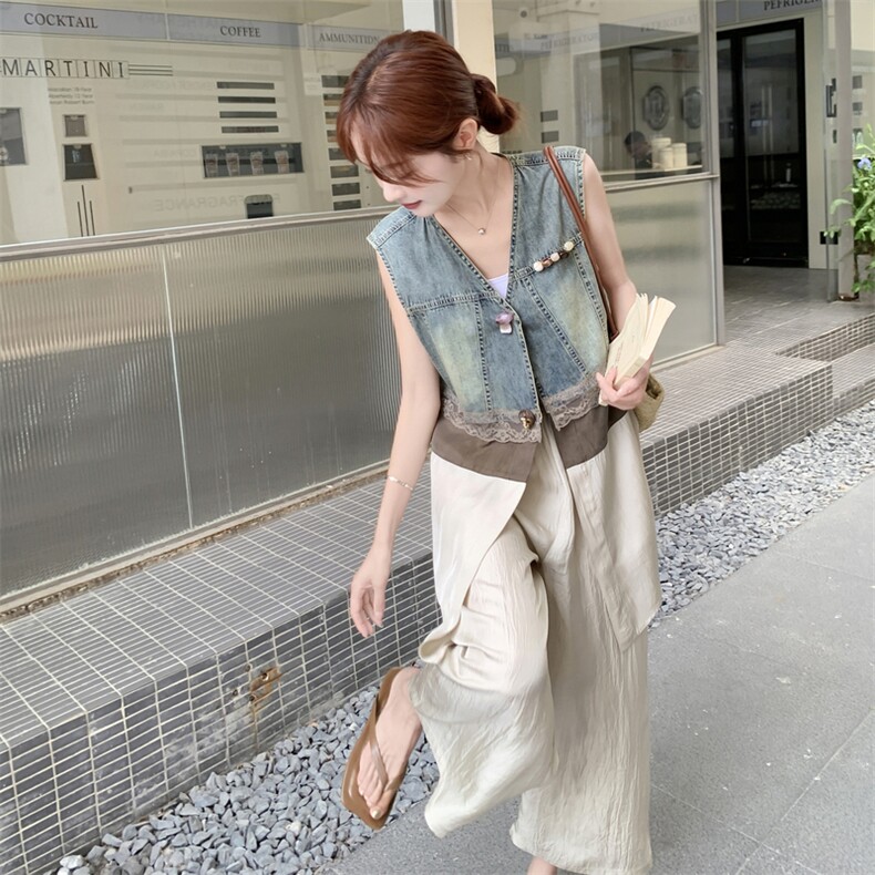 法式牛仔拼接马甲套装女夏季2025新款设计感小众宽松阔腿裤两件套,女装套装/套裙,2C210