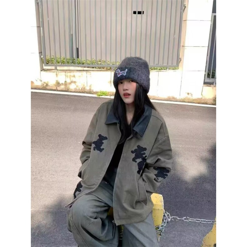 美式复古小熊刺绣夹克男女秋冬新款设计感洋气宽松中性风夹克外套,男装夹克,星座410-7