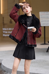 咖色加绒保暖皮毛一体外套女2024冬季新款宽松机车服加厚保暖棉服图片