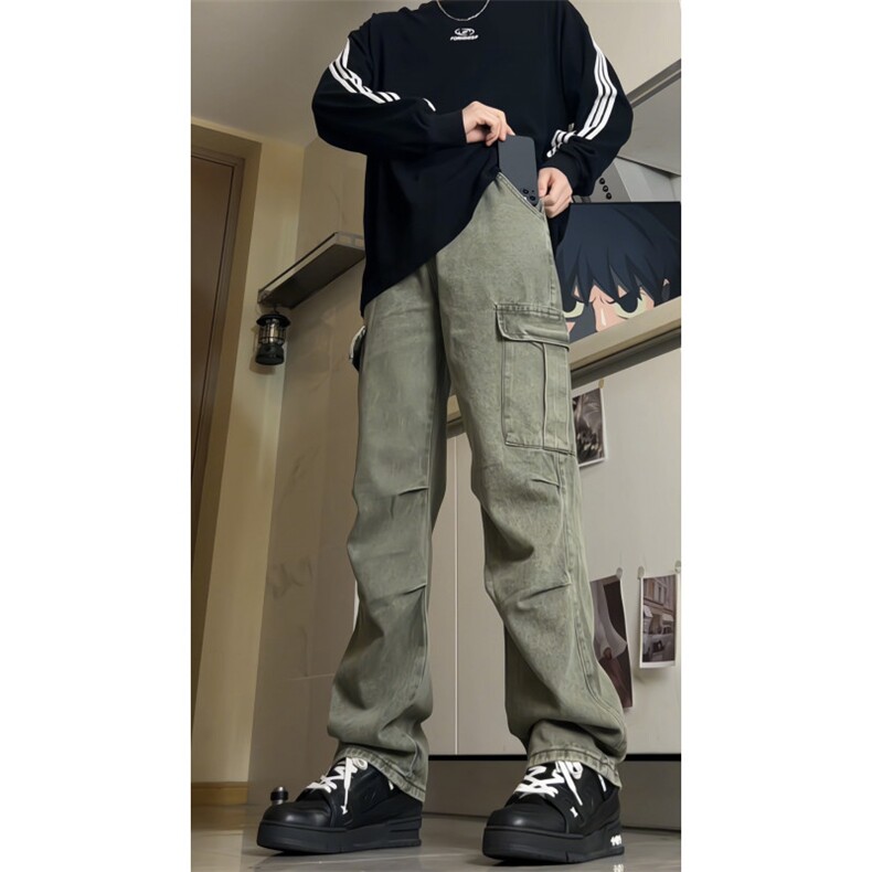 美式机能伞兵日系宽松阔腿多口袋牛仔裤潮直筒褶皱工装裤GJ203P60,男装牛仔裤,电商D256A(原A064A)