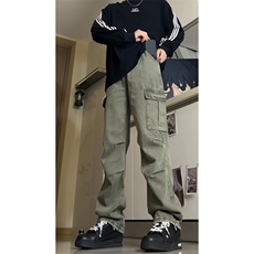 美式机能伞兵日系宽松阔腿多口袋牛仔裤潮直筒褶皱工装裤GJ203P60，男装牛仔裤，电商D256A(原A064A)