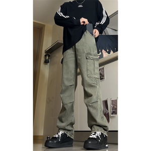 美式机能伞兵日系宽松阔腿多口袋牛仔裤潮直筒褶皱工装裤GJ203P60图片