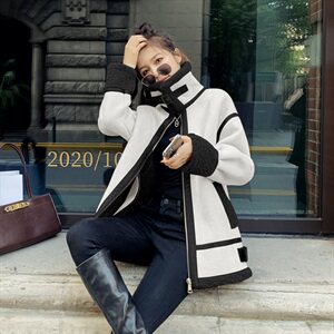 羊羔毛麂皮绒皮毛一体外套女2025年冬新款中长款毛毛上衣机车服女图片