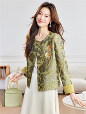 2026年春季新中式圆领刺绣花民族风撞色拼接外套，女装短外套，简韵佳