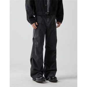 网图美式高街水洗褶皱工装牛仔裤复古阔腿长裤 A025-BN1655-P50图片