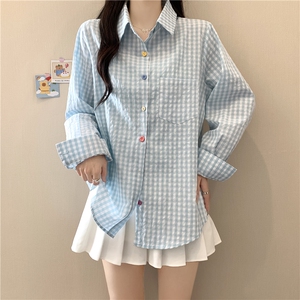 TC573-P45慵懒风撞色格纹长袖衬衫夏季新款宽松百搭防晒开衫上衣图片