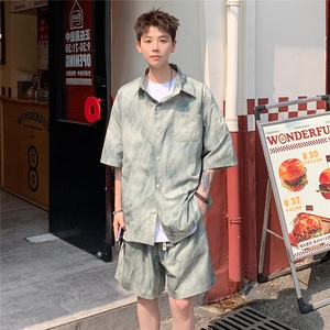 2025美式扎染印花冰丝凉感短袖碎花衬衫薄套装 TZ5655/特P45 绿3图片