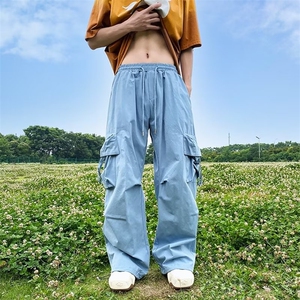 复古天蓝色美式工装裤女夏季小众辣妹风褶皱休闲伞兵裤 P40图片