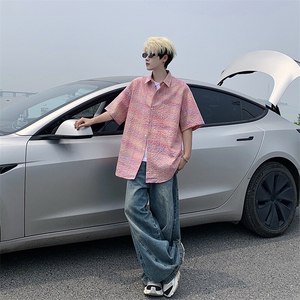 B221 美式ins高街宽松薄款泡泡格短袖衬衫SY2548-特P35控59图片