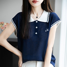 撞色翻领冰麻针织小飞袖T恤女2025夏薄Polo领上衣显瘦短袖t恤衫潮，女装T恤，菲奥羊绒