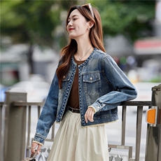 小个子牛仔外套女2025春秋季新款今年流行时尚圆领夹克上衣简约，女装牛仔外套，靓衣阁