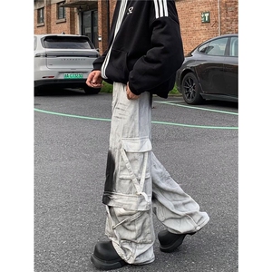 简约百搭新款潮流原宿美式街头复古口袋洗水阔腿牛仔裤男流行慵懒图片
