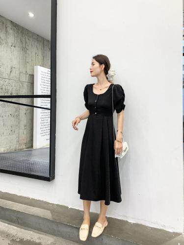 贝壳扣连衣裙后背花朵连衣裙赫本风，女装连衣裙，贻思茗