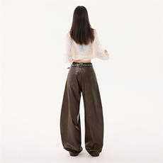 中性风皮裤女秋冬款潮流机能PU皮弯刀裤宽松显瘦阔腿裤YD9068-P75，男装皮裤，星座509