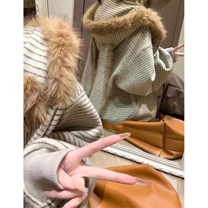 毛领条纹连帽卫衣外套女新款秋冬加绒小众情侣上衣WA279,女装短外套,星座1116A（原606A-3）