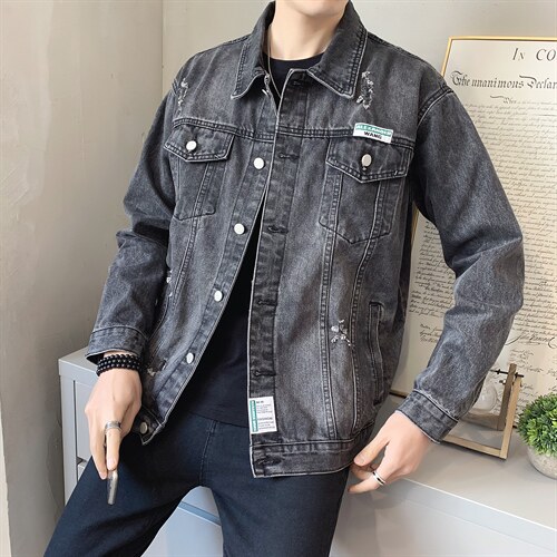 JK820-p90-限价138 现货店主风牛仔夹克肥仔量足破洞印花大码图片