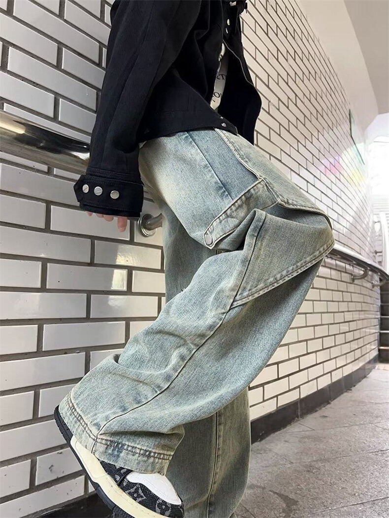 DN8101-P52；泥黄色工装牛仔裤男春秋季美式高街阔腿裤设计感潮牌,男装牛仔裤,星座603-2